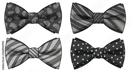 Elegant collection of four distinct bow tie designs on a crisp white backdrop