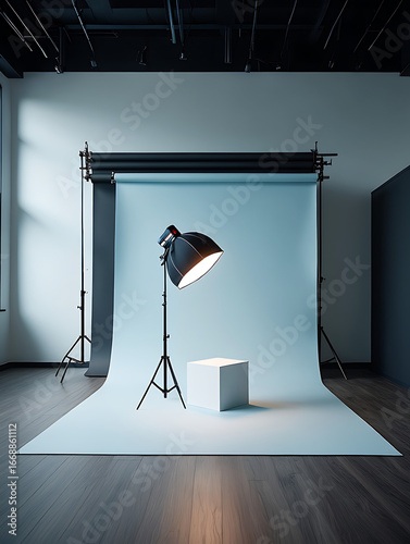Empty professional photography studio setup with lighting equipment and a white cube on a seamless backdrop ready for product shoots and creative endeavors