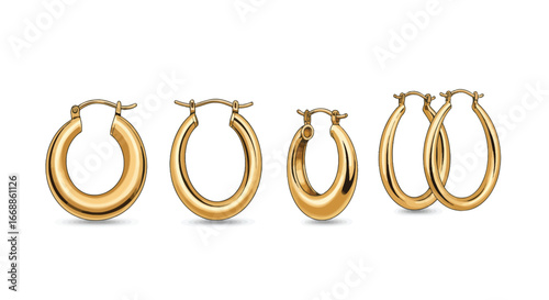 Set of golden hoop earrings collection against a pristine white backdrop