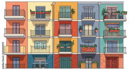 Stylized flat vector illustration of a vibrant urban apartment building facade