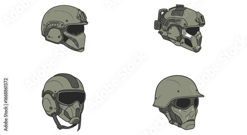 Detailed vector illustration showcasing four distinct military helmets on white backdrop