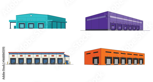 Colorful warehouse buildings with loading docks vector illustration set