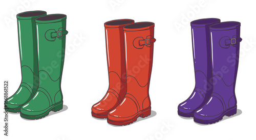 Colorful rain boots array, a whimsical vector collection for wet weather fashion
