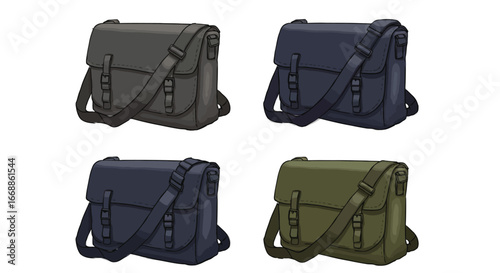 Illustrated set of classic messenger bags in varied colors against a white background