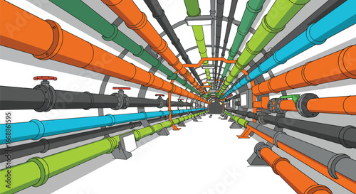 Colorful Utility Tunnel Illustration Showing Pipes and Light Fixtures