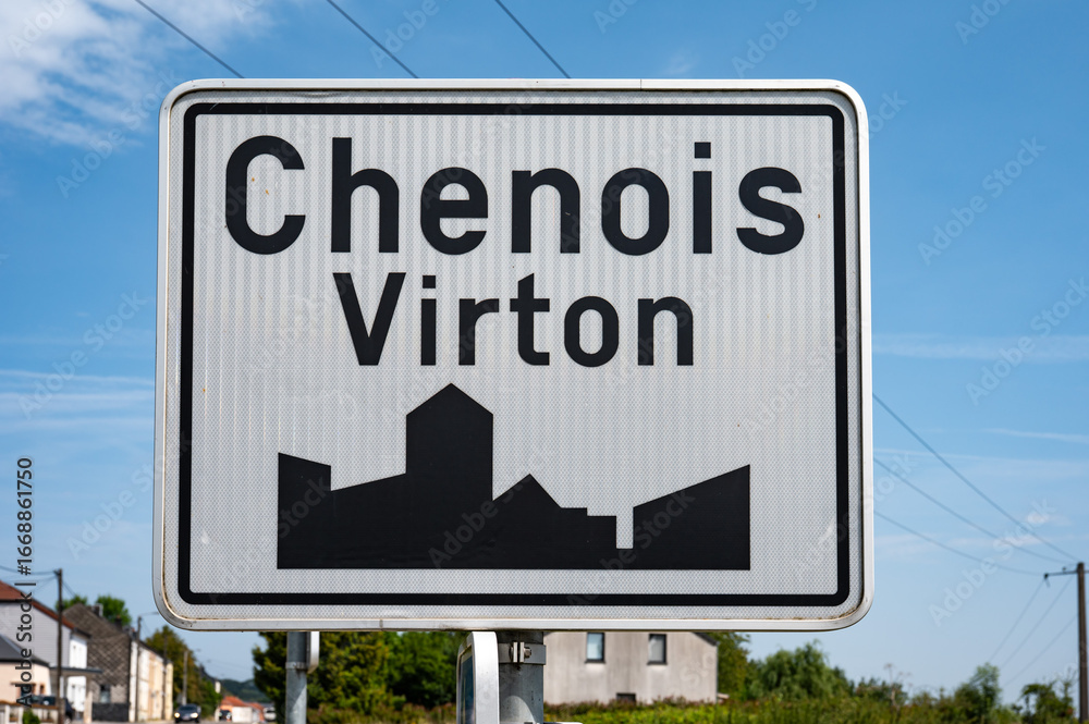 Fototapeta premium Road sign of the village of Chenois Virton, Belgium