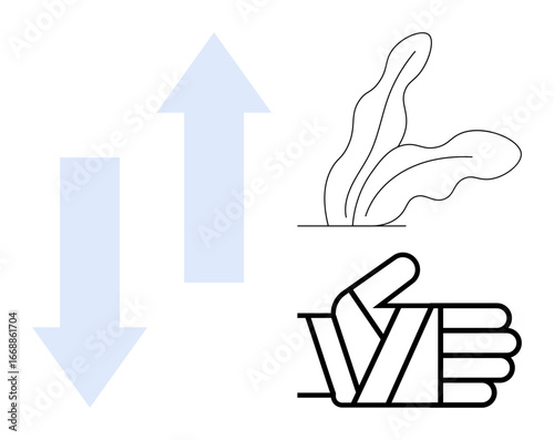 Arrows indicating movement, plant growth symbolizing renewal, and a bandaged hand suggesting healing. Ideal for progress, recovery, growth, resilience, transformation, change optimism simple flat