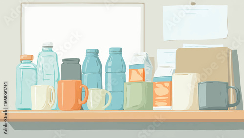 Shelf full of reusable water bottles jars coffee mugs and carton packs in soft colors minimal vector style illustration