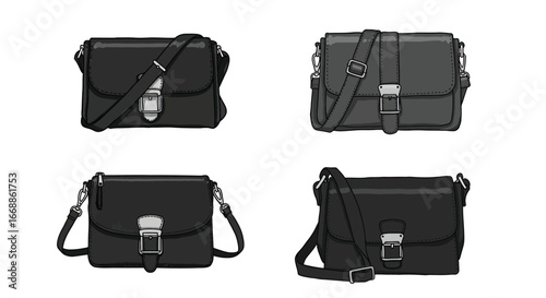 Collection of Stylish Crossbody Bags in Vector Format, Detailed with Metallic Buckles