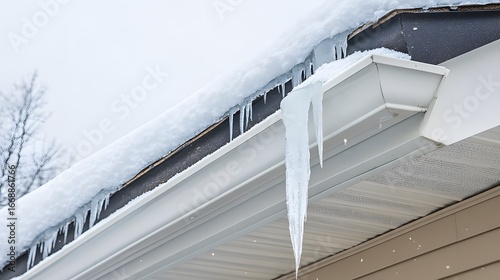 Winter House Roof Icicles Snow Gutter Closeup