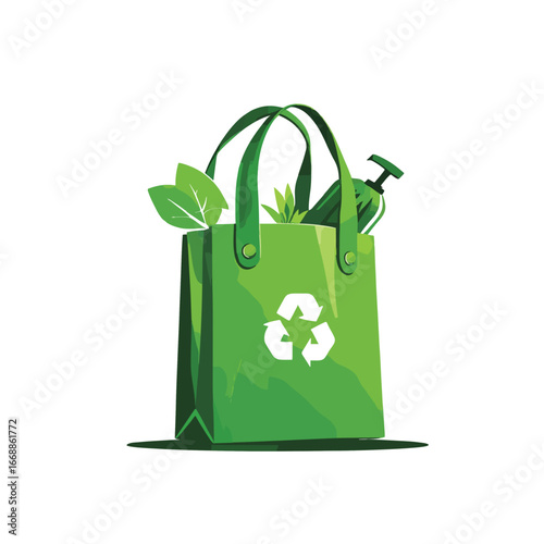 Green reusable shopping bag with recycle symbol vecor