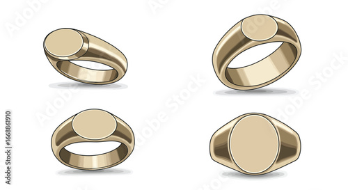 Elegant set showcasing four distinct signet ring perspectives with gold hue finish