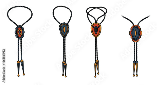 Set of stylish bolo ties vector art with western fashion elements on white background