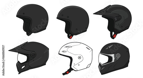 Diverse motorcycle helmets vector set, illustrating rider safety and protection gear