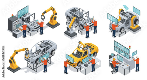 Isometric 3D view illustration of smart car production with robotic arms, engineers using digital interfaces, electric vehicle assembly, battery installation, and quality control manufacture