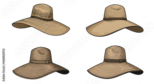 Elegant arrangement of fashionable sun hats displayed against a pure white backdrop