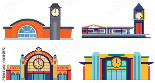 A collection of stylized colorful train station exteriors showcasing diverse architectural designs