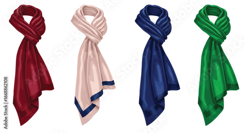 Illustrative set of refined silk scarves offering vibrant color options
