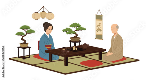 Stylized vector illustration of a serene zen tea room with traditional elements