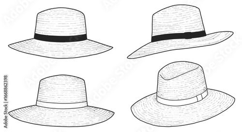 Stylized straw boater hat collection on a clean white backdrop in vector format