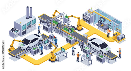 Isometric 3D view illustration of modern car assembly line with robotic arms, electric vehicle battery installation, and engineers supervising production, innovation in automotive manufacturing