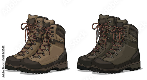 Vector illustration of two pairs of hiking boots with laces on white backdrop