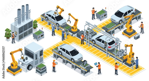 Isometric 3D view illustration of modern car assembly line with robotic arms, electric vehicle battery installation, and engineers supervising production, innovation in automotive manufacturing