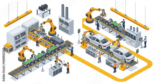 Isometric 3D view illustration of modern car assembly line with robotic arms, electric vehicle battery installation, and engineers supervising production, innovation in automotive manufacturing