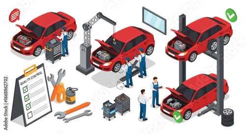 Isometric 3d illustration of car maintenance process with mechanics repairing vehicles, engine inspection, quality control checklist, and auto service tools for automotive repair and workshop concepts