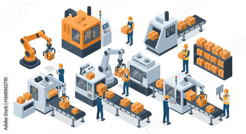 Isometric 3D view illustration of an automated factory with robotic arms, conveyor belts, and workers supervising packaging and logistics, representing modern manufacturing, technology