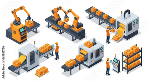 Isometric 3D view illustration of an automated factory with robotic arms, conveyor belts, and workers supervising packaging and logistics, representing modern manufacturing, technology