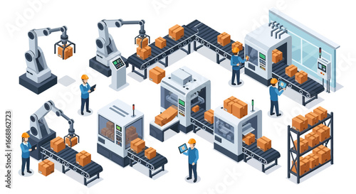 Isometric 3D view illustration of an automated factory with robotic arms, conveyor belts, and workers supervising packaging and logistics, representing modern manufacturing, technology