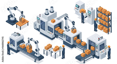 Isometric 3D view illustration of an automated factory with robotic arms, conveyor belts, and workers supervising packaging and logistics, representing modern manufacturing, technology