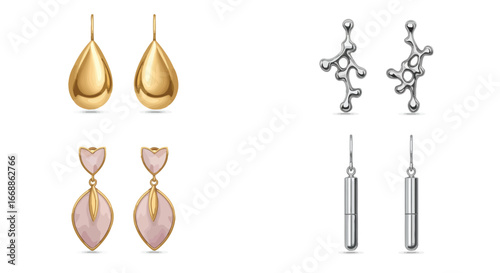 Elegant assortment of drop earrings showcasing modern design on pristine white backdrop