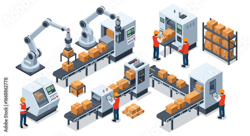Isometric 3D view illustration of an automated factory with robotic arms, conveyor belts, and workers supervising packaging and logistics, representing modern manufacturing, technology