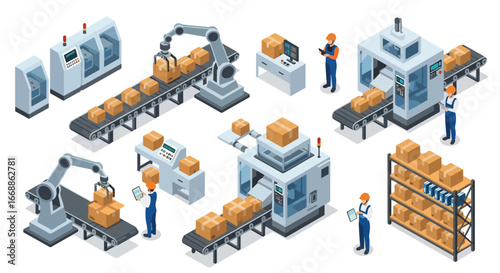Isometric 3D view illustration of an automated factory with robotic arms, conveyor belts, and workers supervising packaging and logistics, representing modern manufacturing, technology