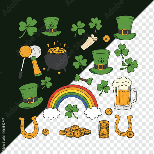 St patrick day elements with rainbow, pot of gold, and beer illustration doodles style icon set