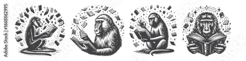 Vintage Hand-Drawn Baboon Reading Book with Floating Pages Around Illustration, Primate Animal Engraved Vector for Magical Theme and T-Shirt Design