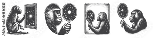 Vintage Hand-Drawn Baboon Holding Mirror Reflecting Starry Sky Illustration, Primate Animal Engraved Vector for Philosophical Surreal and T-Shirt Design