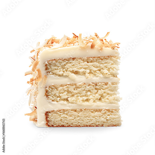 Slice of Layered Coconut Cake with Cream Frosting and Toasted Shredded Topping
