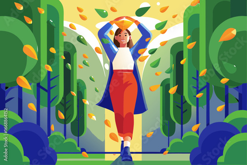 Leaves swirling as a woman walks through an autumn alley, head held high