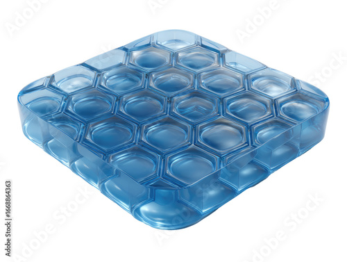Transparent, square cushion with a hexagonal pattern.  A clear, light-blue, flexible material forms a honeycomb structure