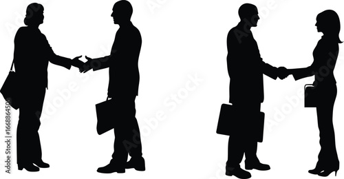 Handshake Women and man Silhouette set. shake hands in an office meeting, symbolizing teamwork and agreement. simple, elegant silhouette of two businesswomen shaking