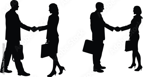 Handshake Women and man Silhouette set. shake hands in an office meeting, symbolizing teamwork and agreement. simple, elegant silhouette of two businesswomen shaking