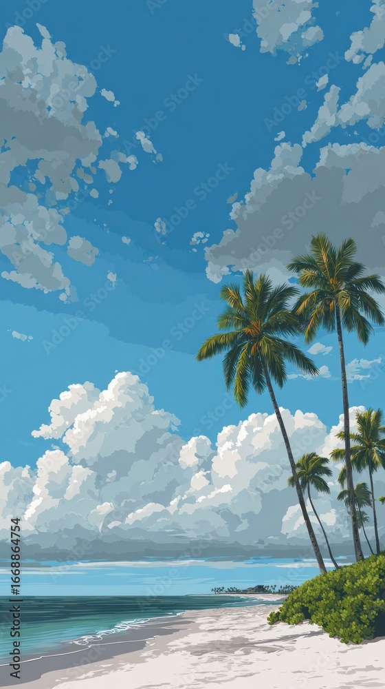 Fototapeta premium Tropical beach scene with palm trees under a partly cloudy sky