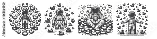 Vintage Hand-Drawn Astronaut Surrounded by Floating Rubber Ducks Illustration, Cosmic Space Engraved Vector for Funny and T-Shirt Design