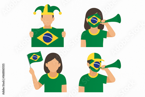 Brazilian football fans flat vector icons flags horns face paint