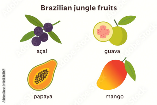 Brazilian jungle fruits flat vector set açaí guava papaya mango