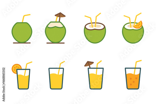 Brazilian coconut drinks flat vector icons tropical juices