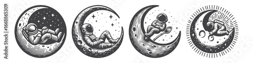 Vintage Hand-Drawn Astronaut Sleeping on a Crescent Moon Illustration, Space Explorer Engraved Vector for Sci-Fi and T-Shirt Design